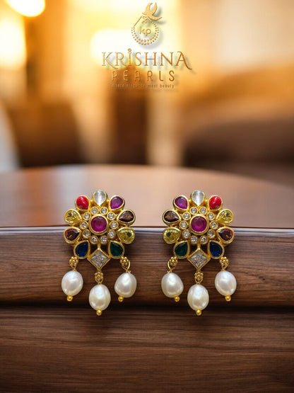 Rajwada Navratna-Style 92.5 Silver Pearls Necklace Set