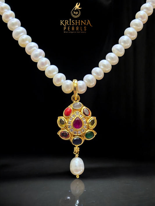 92.5 Silver Navratna Pendent With Pearls Necklace Set