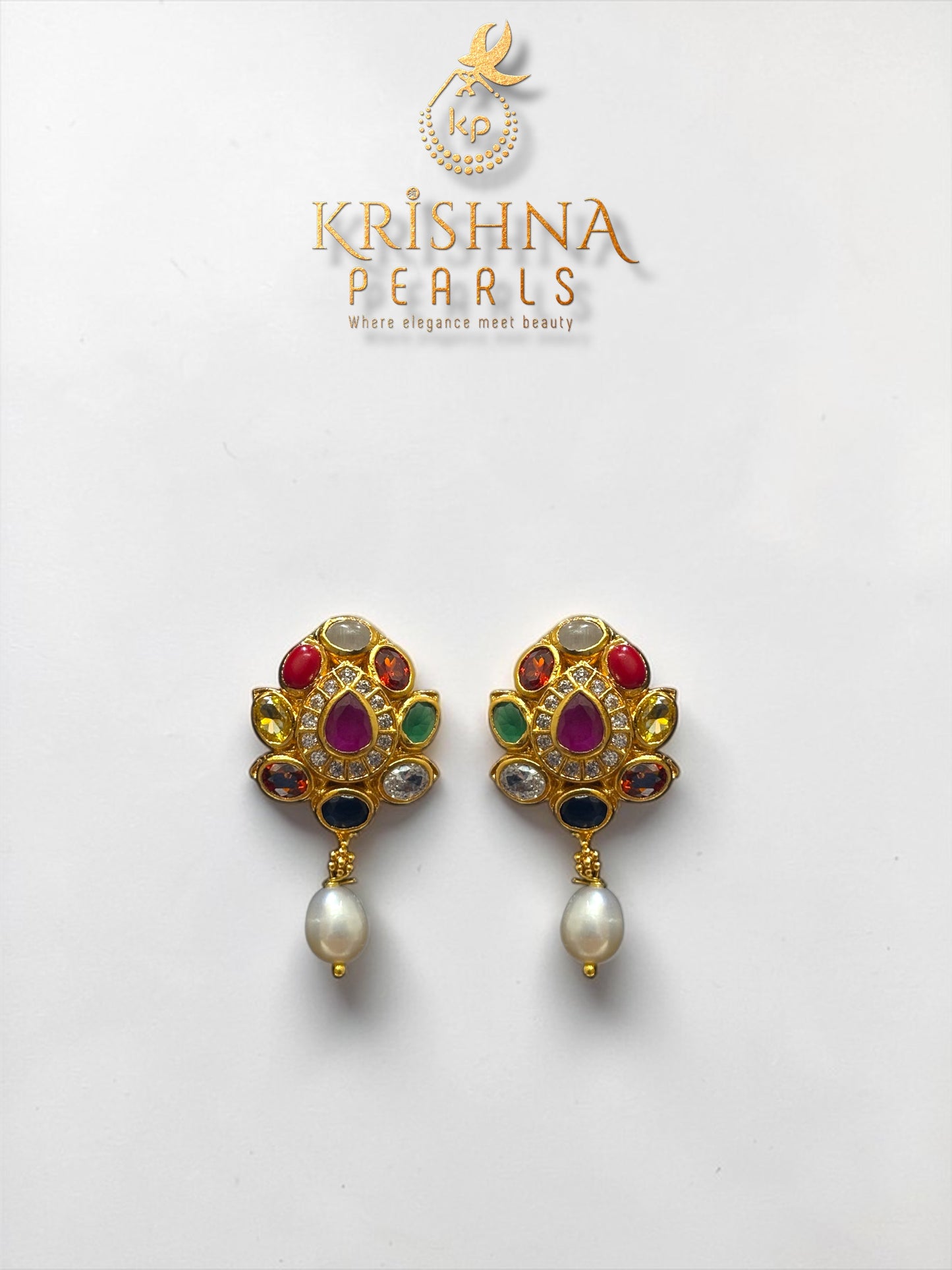 92.5 Silver Navratna Pendent With Pearls Necklace Set