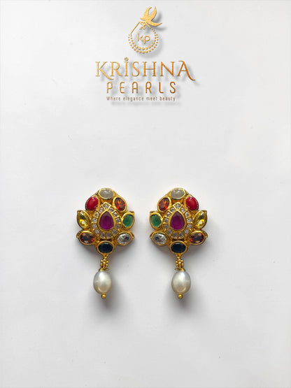 92.5 Silver Navratna Pendent With Pearls Necklace Set