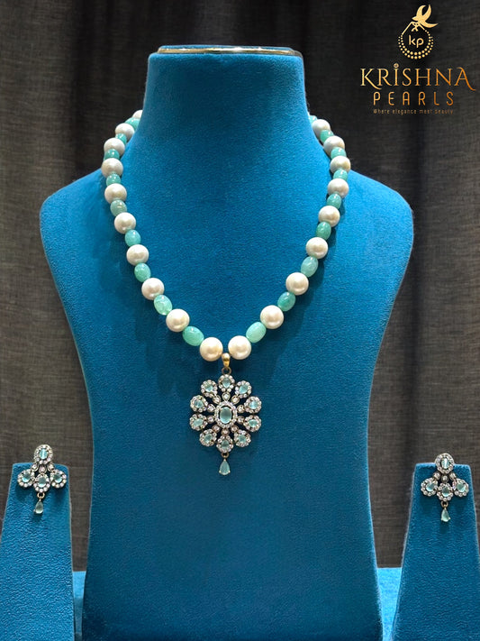 Oxidised Mint Petals Heritage Pearls Necklace Set