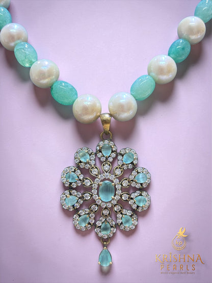 Oxidised Mint Petals Heritage Pearls Necklace Set