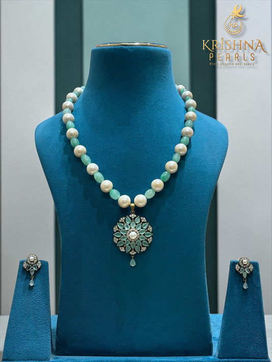 Oxidised Emerald-Mist Pearls Necklace Set