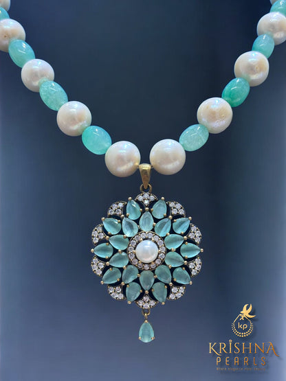Oxidised Emerald-Mist Pearls Necklace Set
