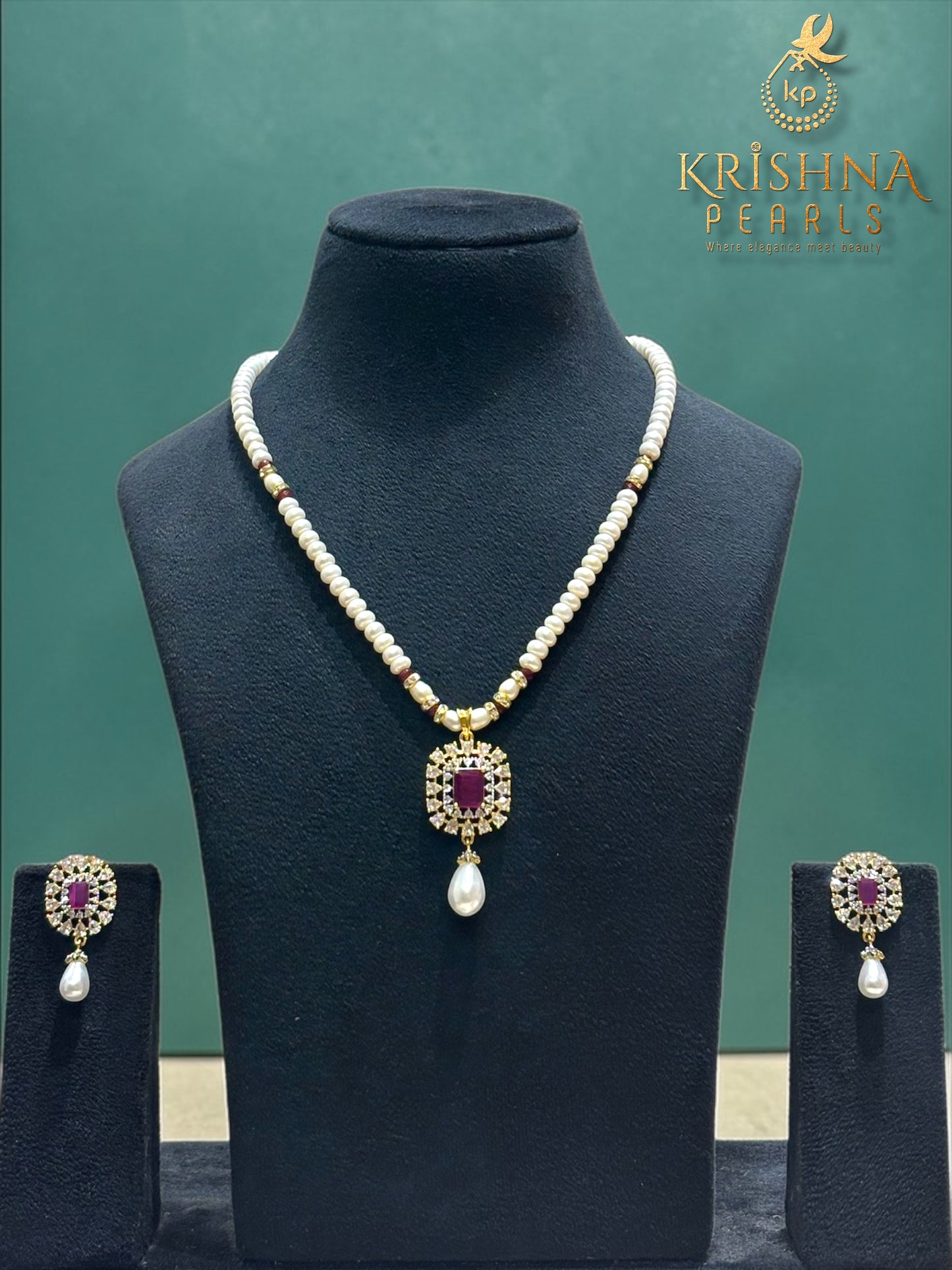 Elegant Pearl Set With Ruby Locket Set