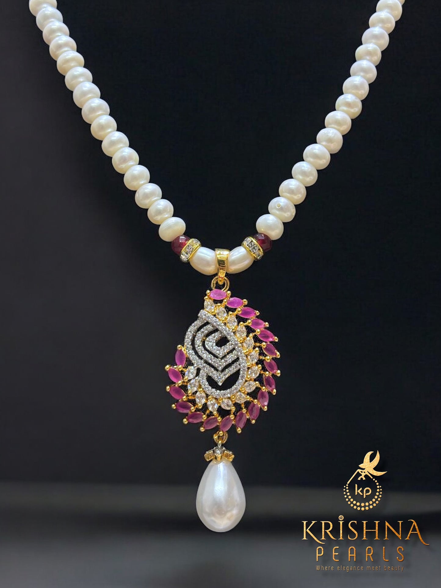 Adorable Red Stones Studded Pearls Necklace Set