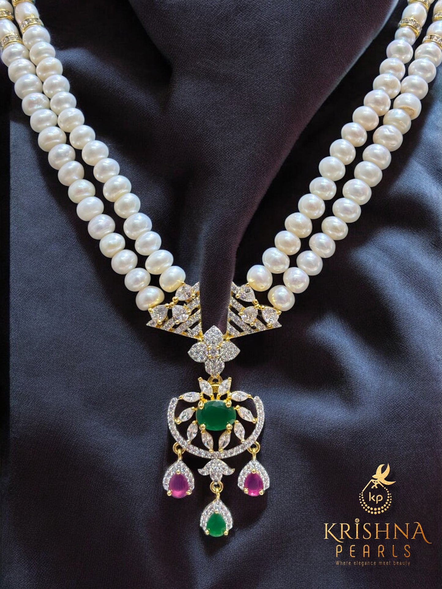 Royal Harmony Twin-Line Ruby Emerald Pearls Set