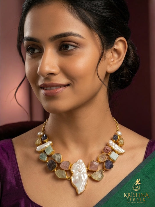 Raw Gemstones & Baroque Pearl Necklace