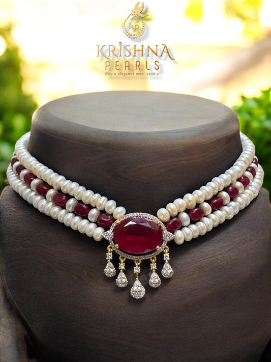 Ruby Studded Three Line Pearls Choker Set