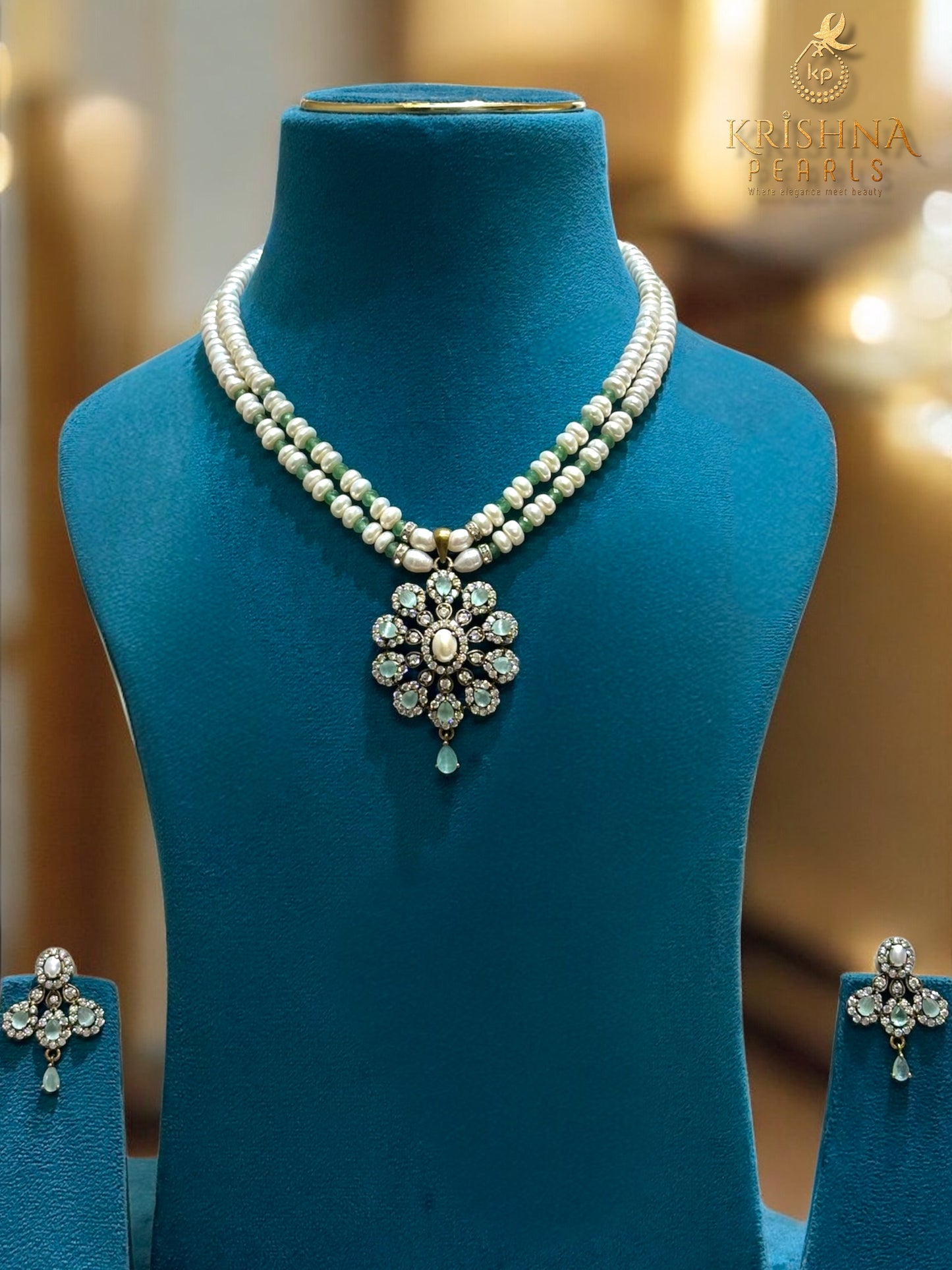 Adorable Oxidised Blue Quartz Pendent With Pearls Necklace