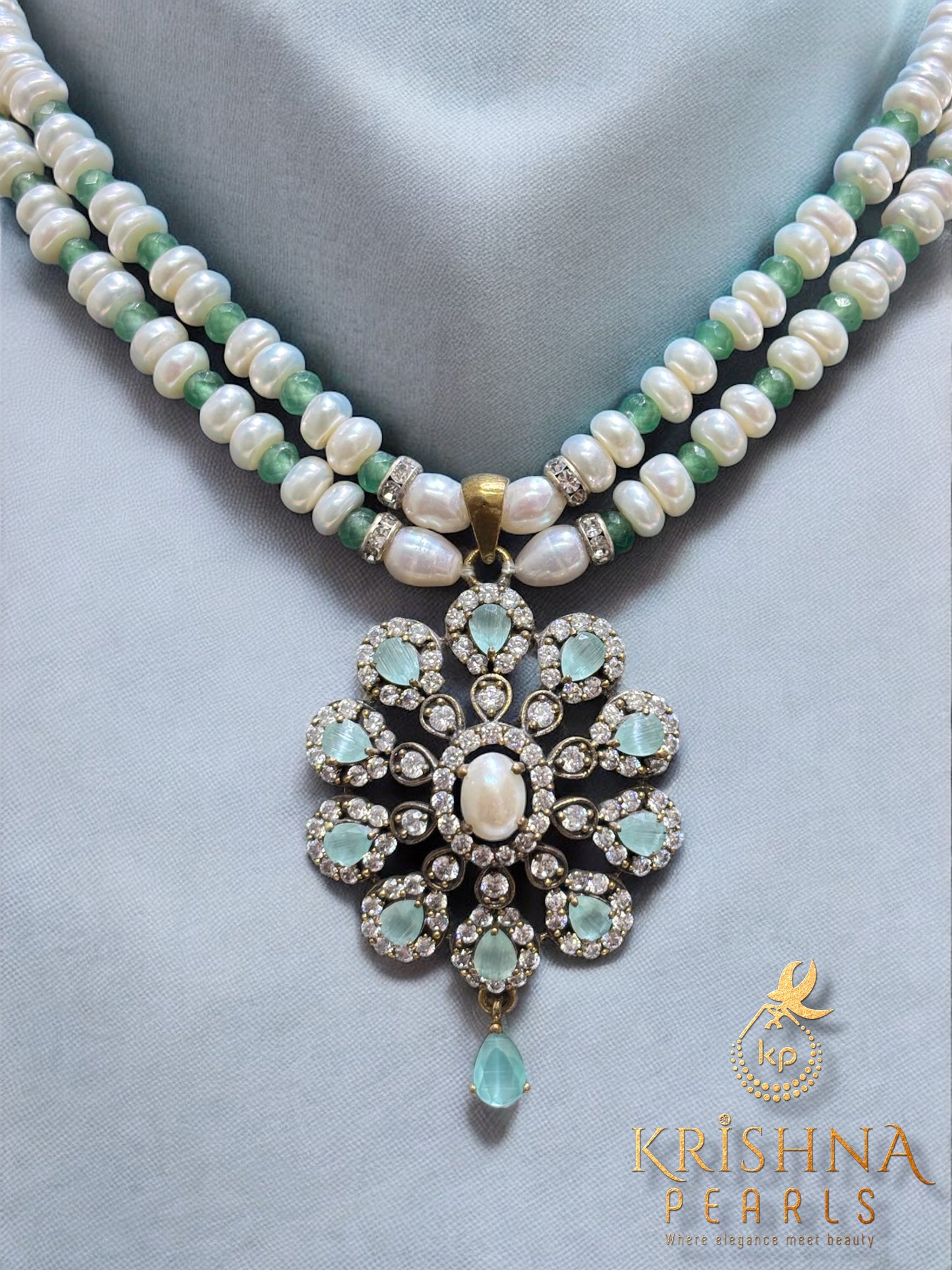 Adorable Oxidised Blue Quartz Pendent With Pearls Necklace