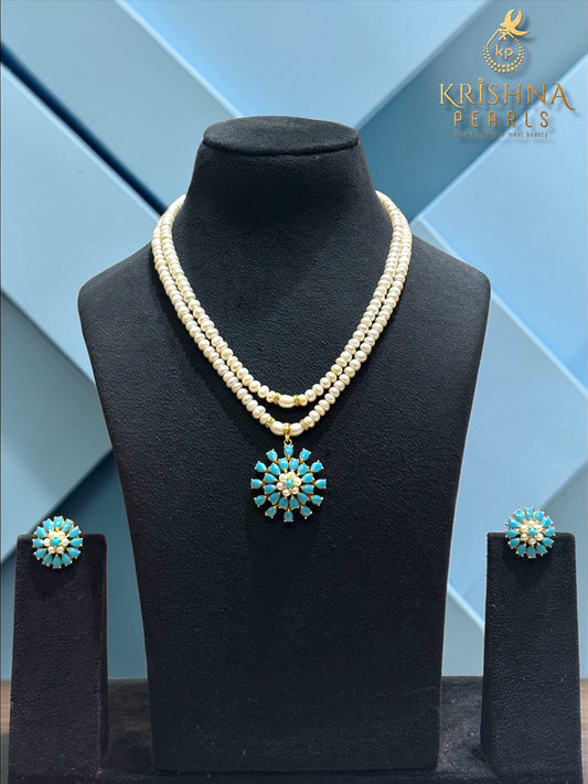 Two Rows Unique Turquoise Queen Pendent With Natural Pearls Necklace Set