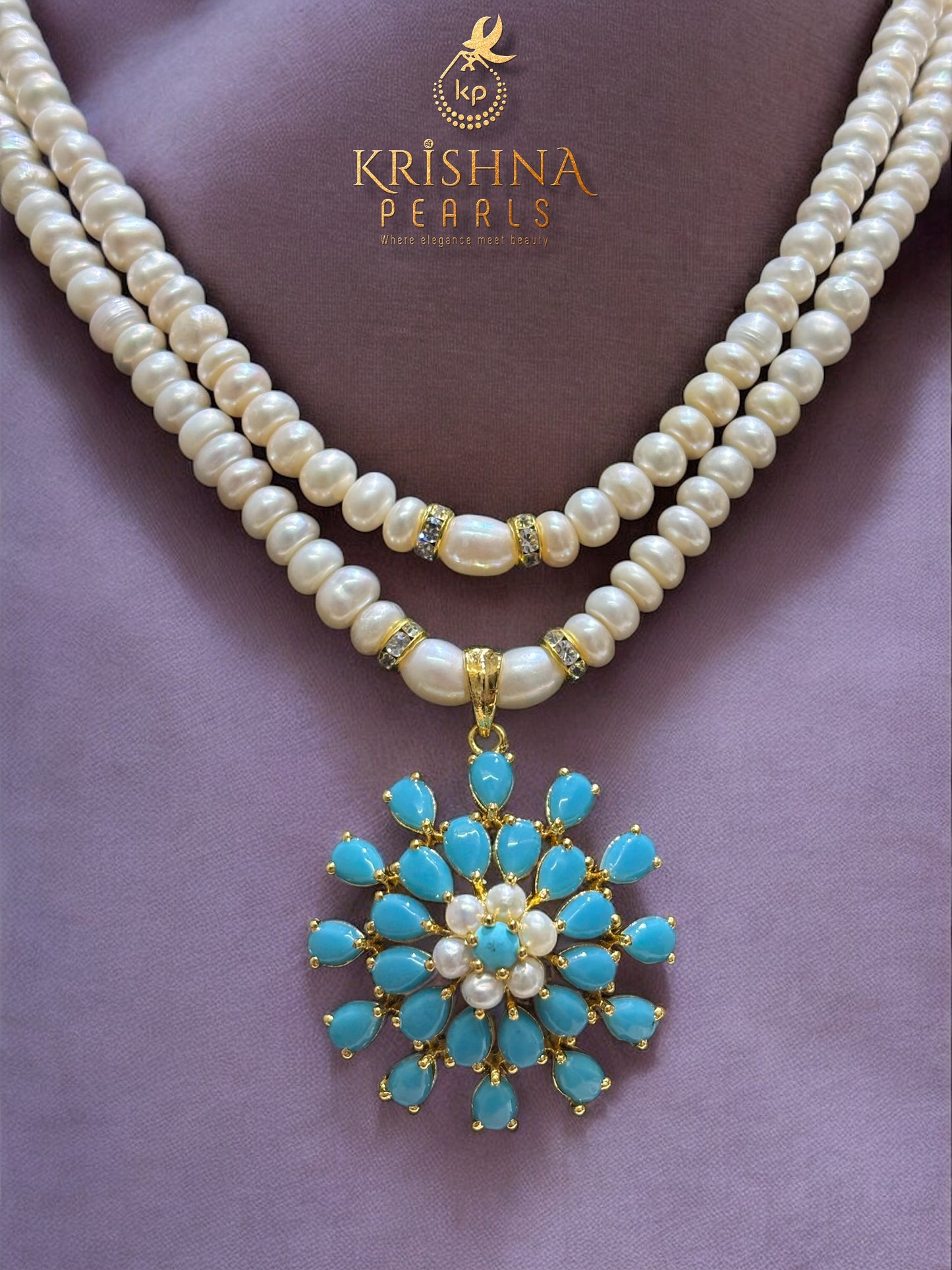 Two Rows Pearls Necklace - Unique Turquoise Queen Pendent With Natural Set