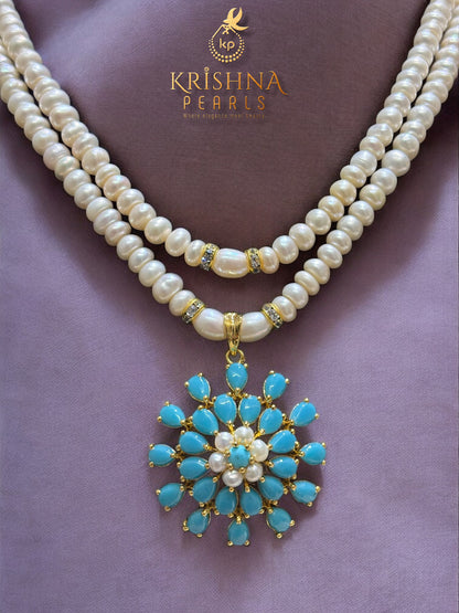 Two Rows Pearls Necklace - Unique Turquoise Queen Pendent With Natural Set