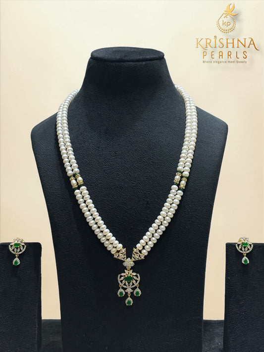 Royal Harmony Twin-Line Emerald Pearls long Necklace Set