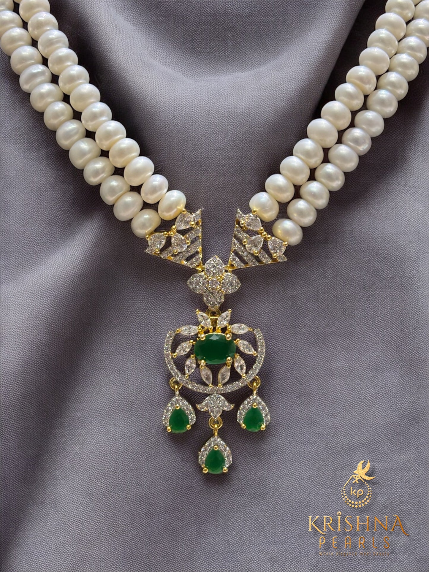 Royal Harmony Twin-Line Emerald Pearls long Necklace Set