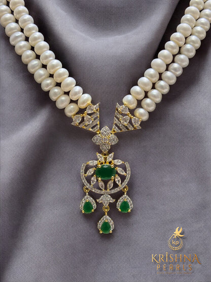 Royal Harmony Twin-Line Emerald Pearls long Necklace Set