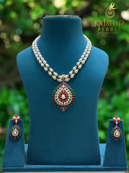 Empress Navaratna Double Layer Pearls Necklace Set