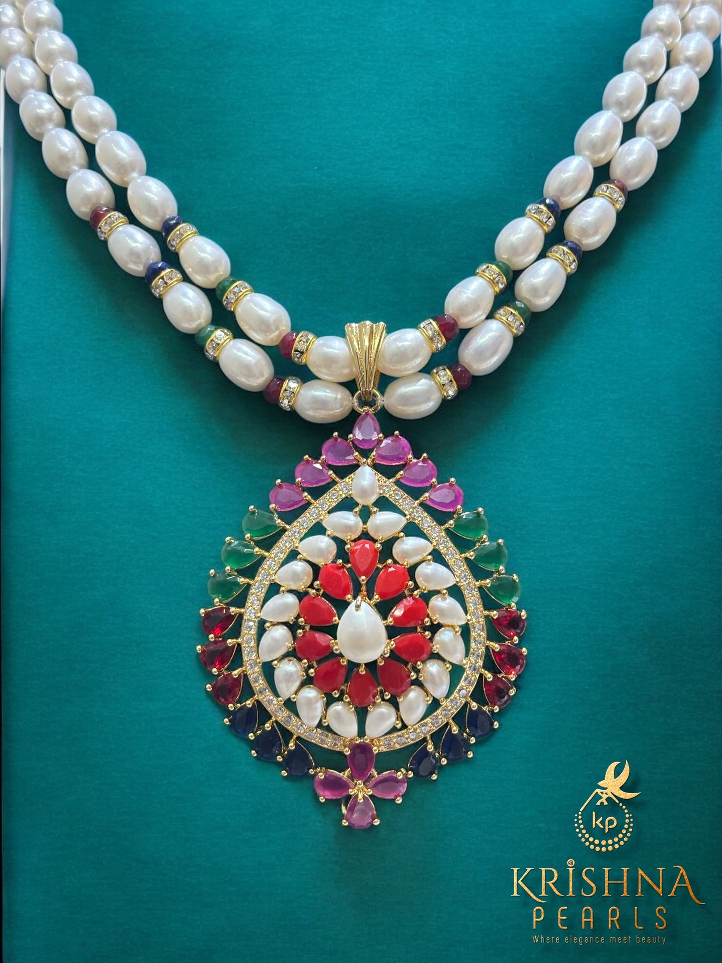 Empress Navaratna Double Layer Pearls Necklace Set