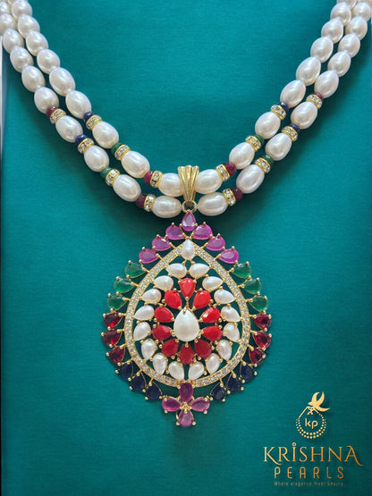 Empress Navaratna Double Layer Pearls Necklace Set