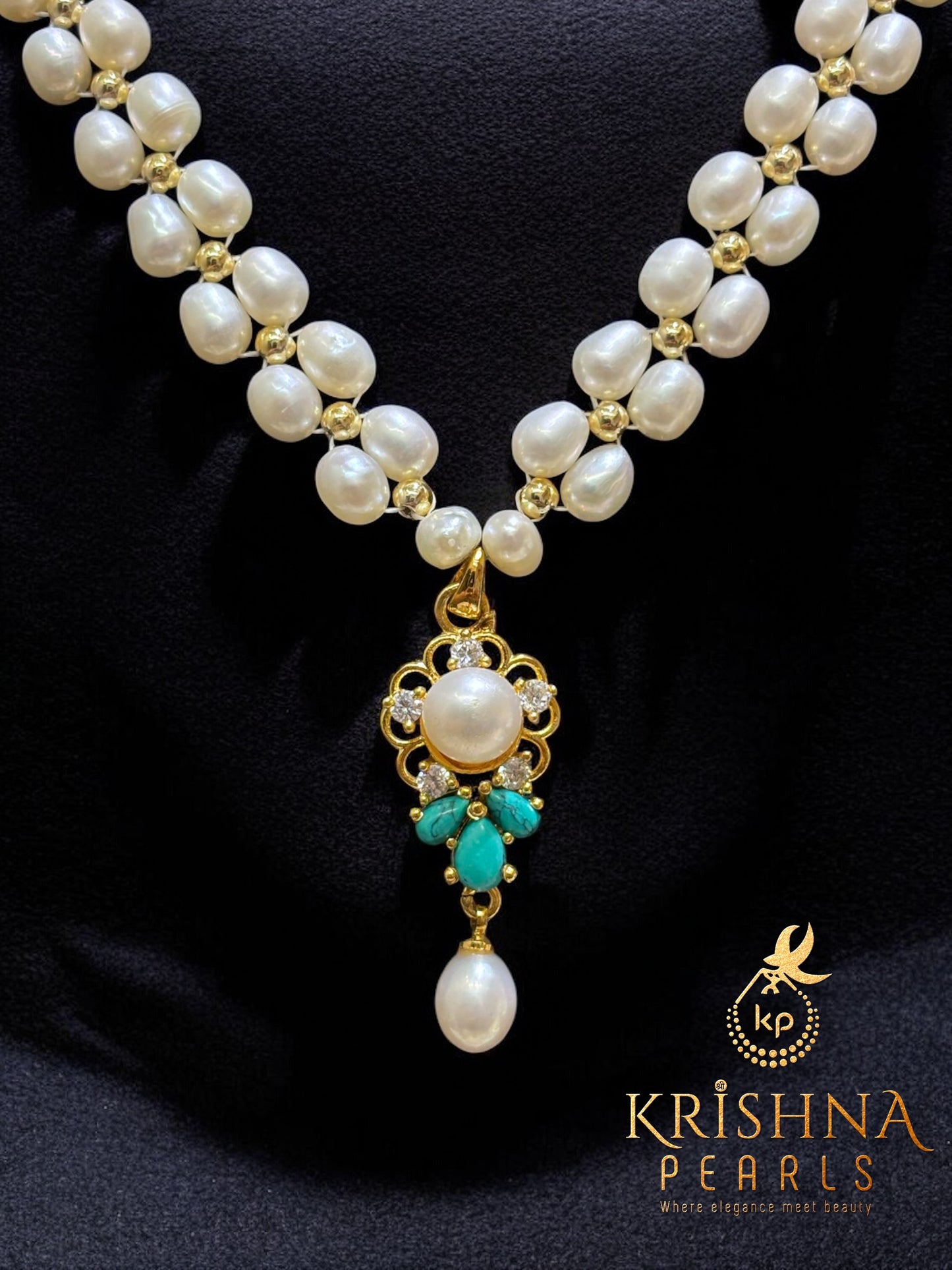 Adorable Turquoise Studded Pendent With Pearls Necklace Set