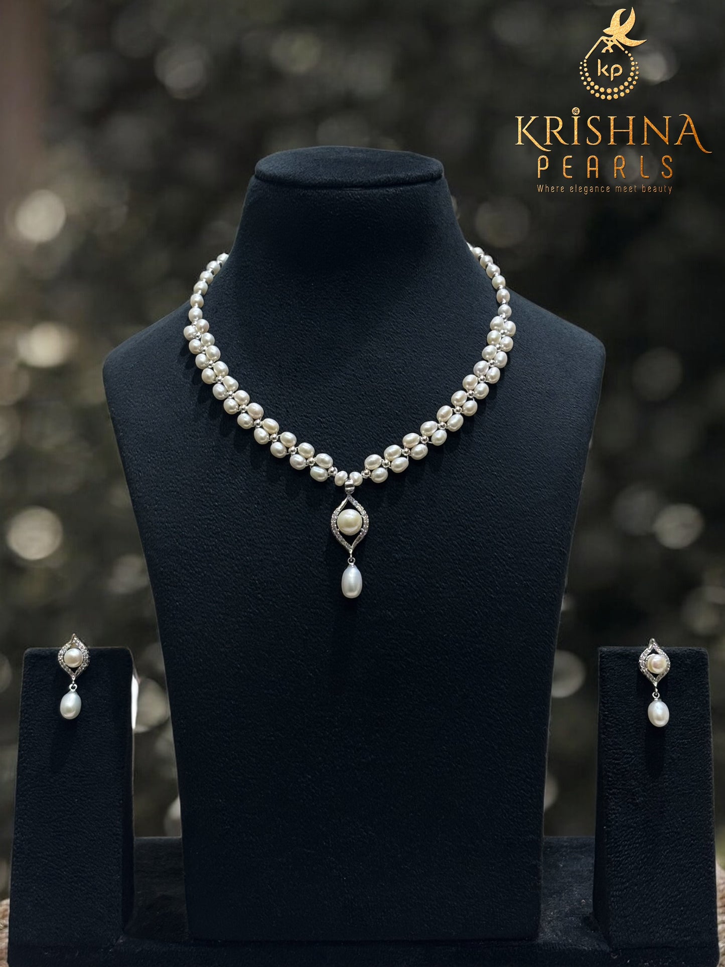 Floral Dewdrop Double Layere Pearls Necklace Set