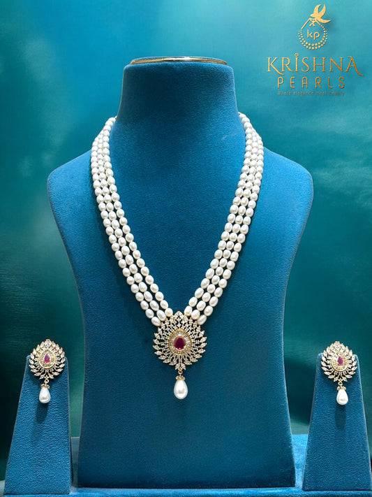 Three Rows Ruby Pearl Locket Necklace Set