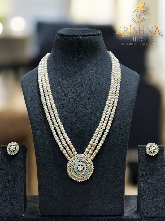 Empress Turquoise studded Three Strand Pearls Necklace Set (AAA)