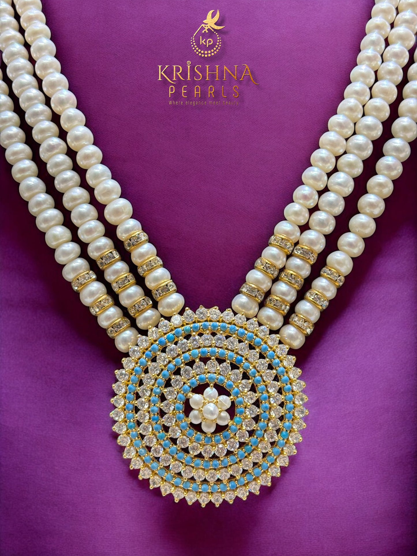 Empress Turquoise studded Three Strand Pearls Necklace Set (AAA)