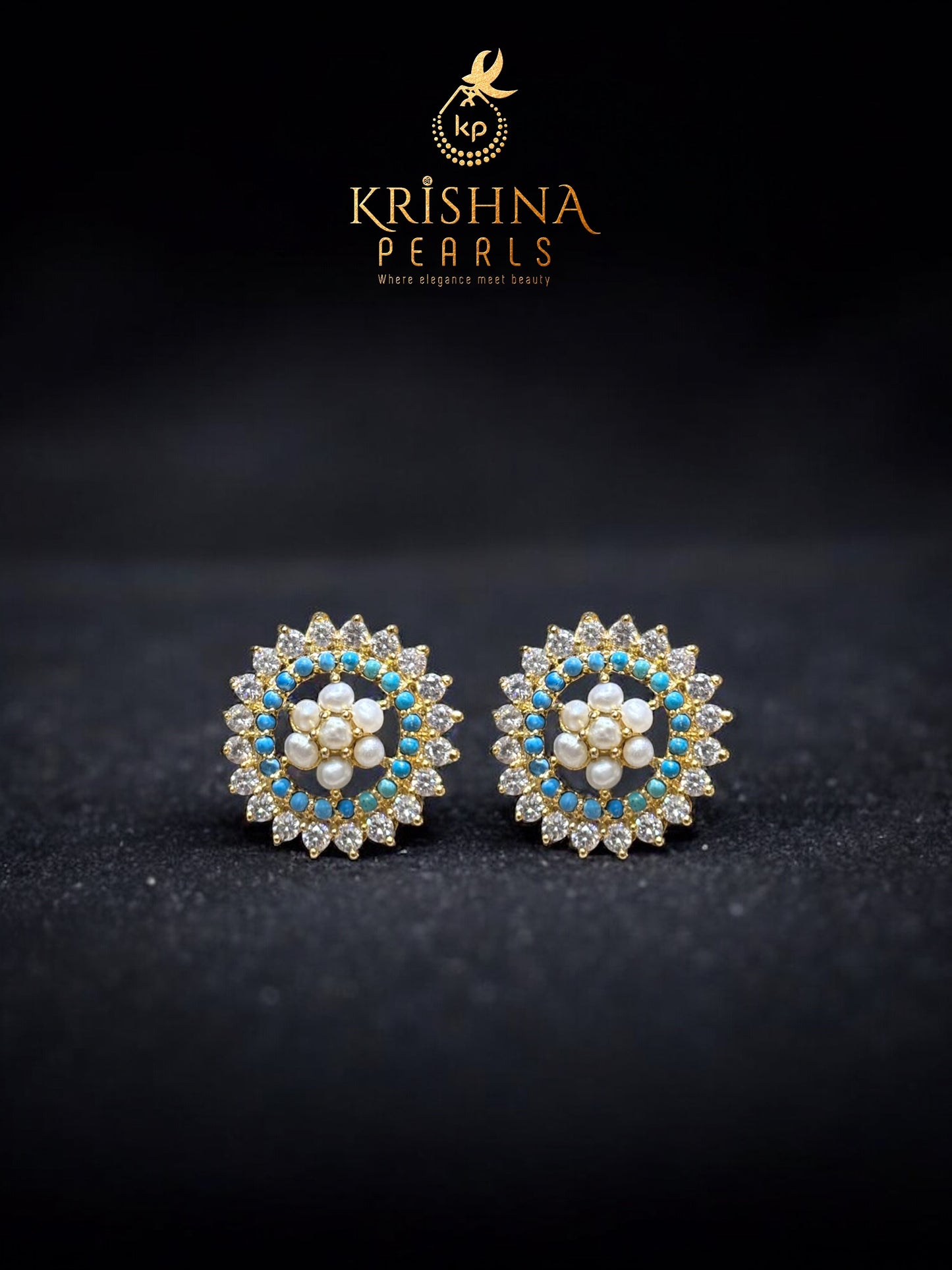 Empress Turquoise studded Three Strand Pearls Necklace Set (AAA)