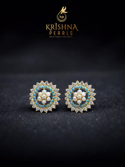 Empress Turquoise studded Three Strand Pearls Necklace Set (AAA)