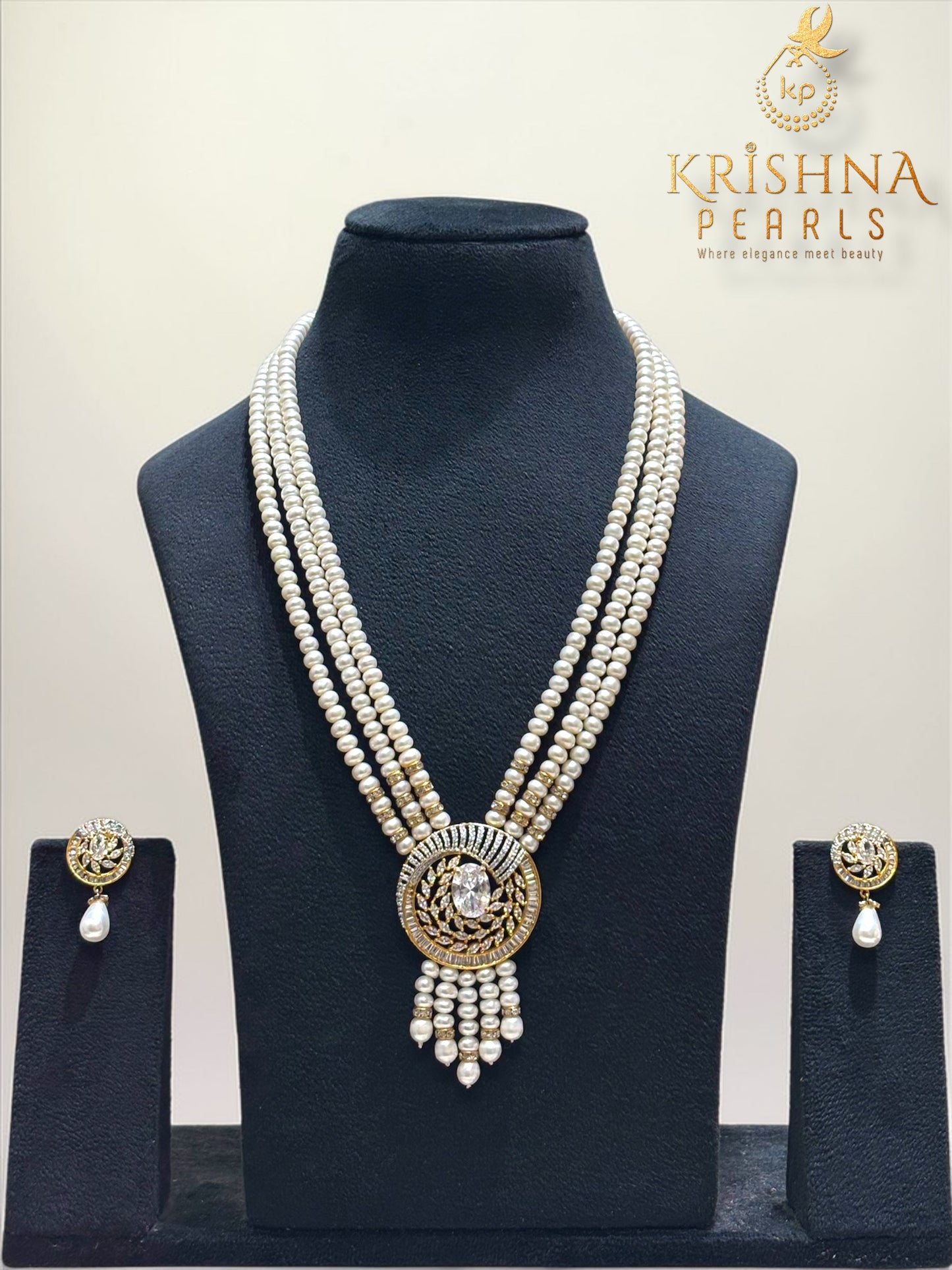 Regal Radiance Three Row Pearls Necklace Set (AAA)