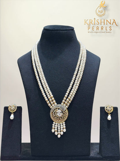 Regal Radiance Three Row Pearls Necklace Set (AAA)