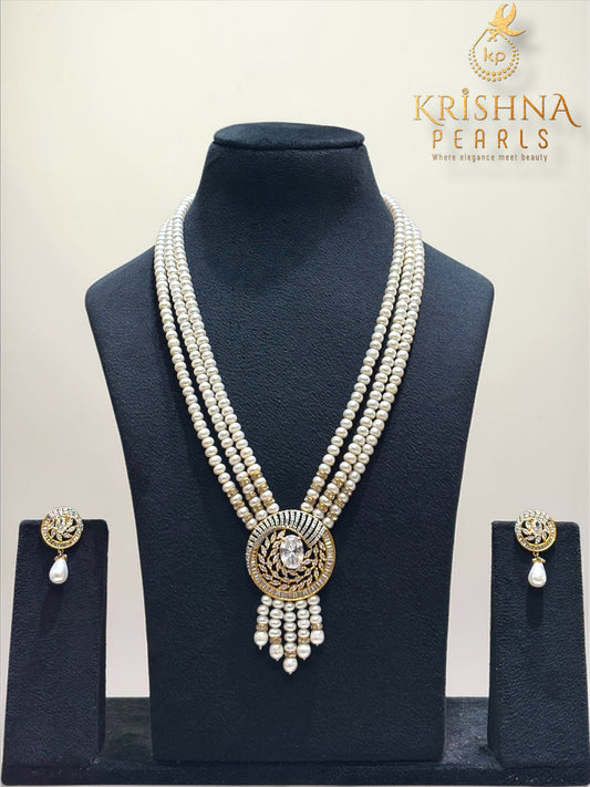 Regal Radiance Three Row Pearls Necklace Set (AAA)