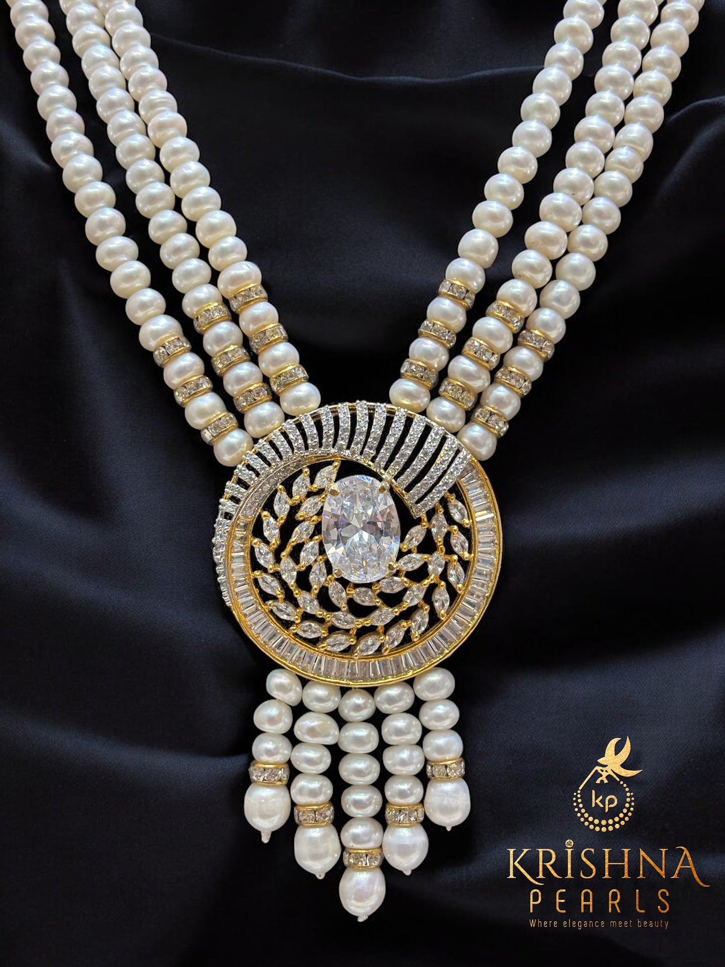 Regal Radiance Three Row Pearls Necklace Set (AAA)