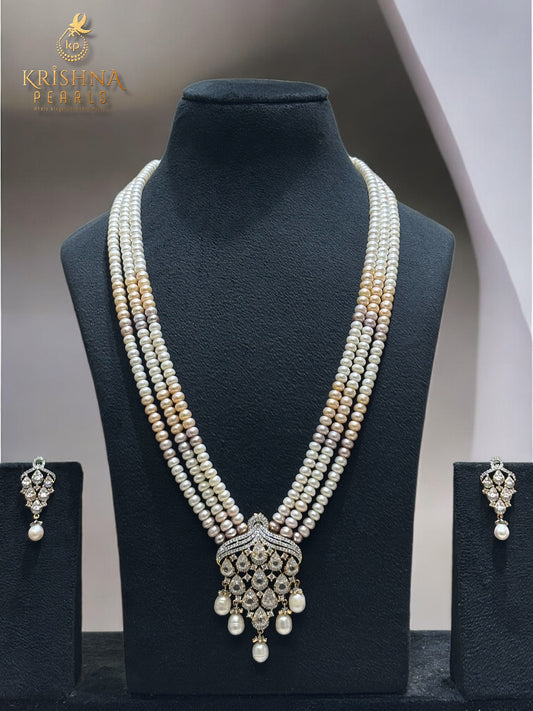 Adorable Three Strand MultiColour Pearls Necklace Set (AAA)