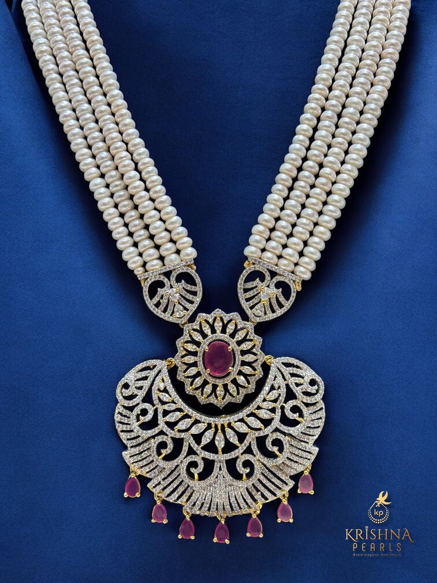 Ruby Aura Four Layers Long Rani Haar Necklace Set