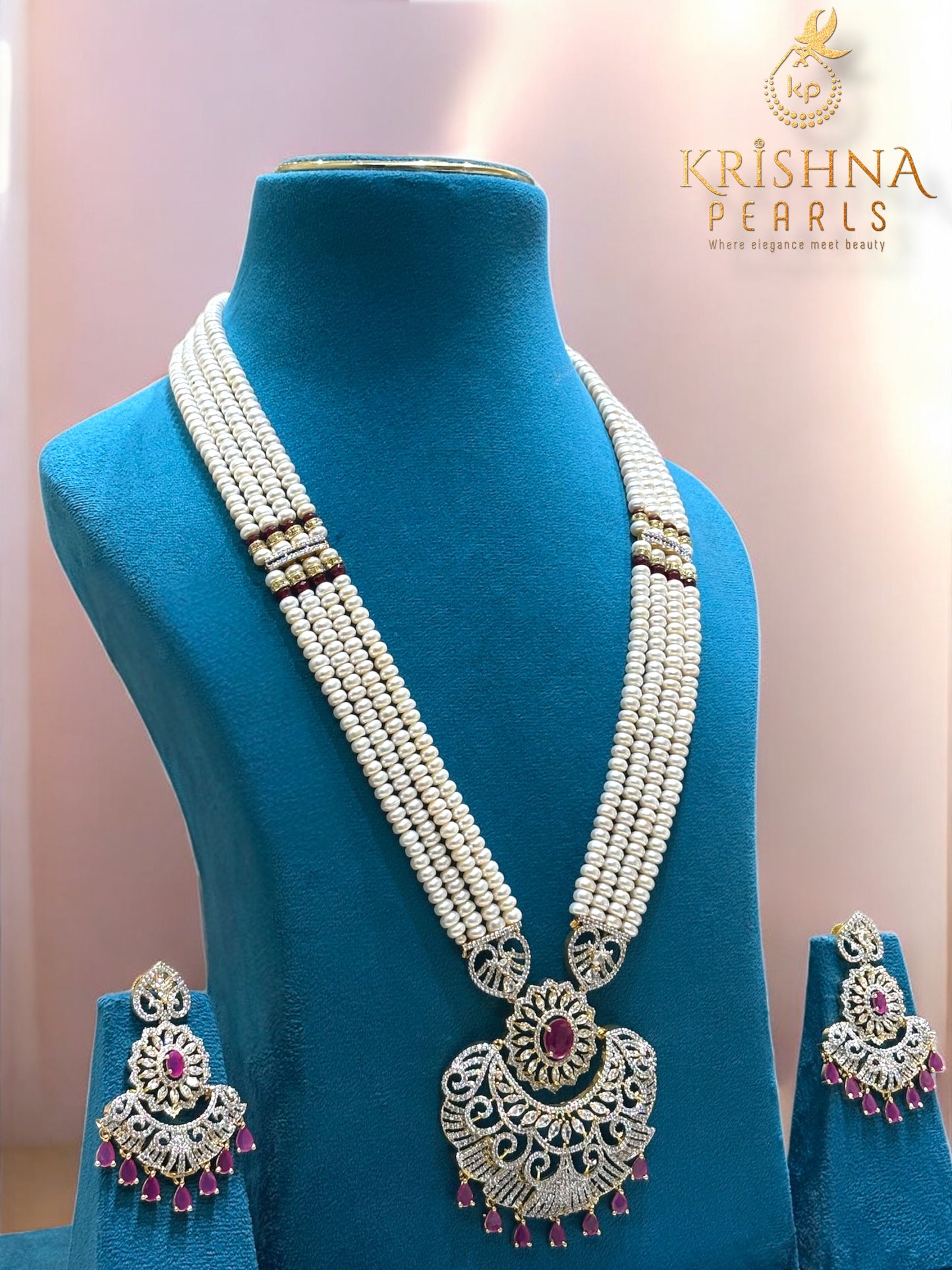 Ruby Aura Four Layers Long Rani Haar Necklace Set