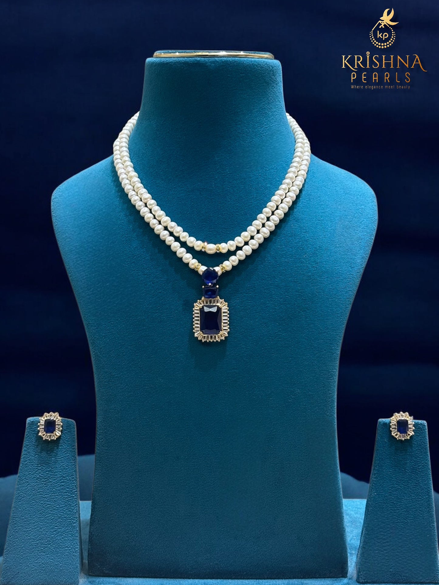 Royal Blue Sapphire Studded Pearls Necklace Set