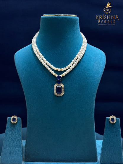 Royal Blue Sapphire Studded Pearls Necklace Set