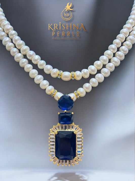 Royal Blue Sapphire Studded Pearls Necklace Set