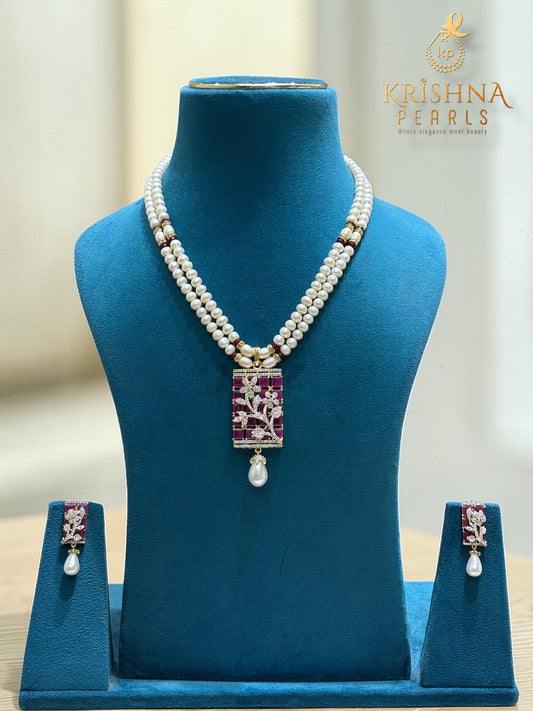 Royal Ruby Studded Pendent With Pearls Necklace Set