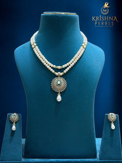Adorable Blue Quartz Studded Pendent Pearls Necklace Set