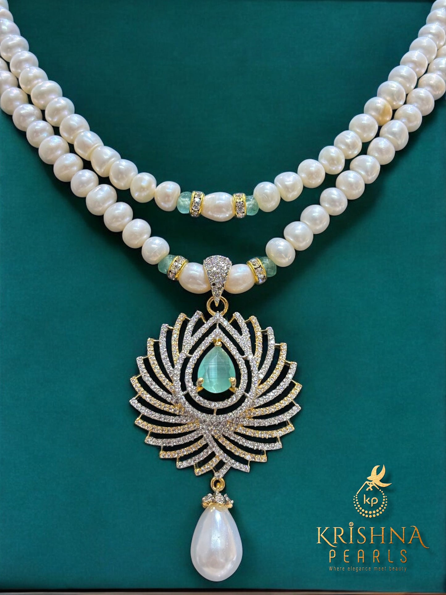 Adorable Blue Quartz Studded Pendent Pearls Necklace Set