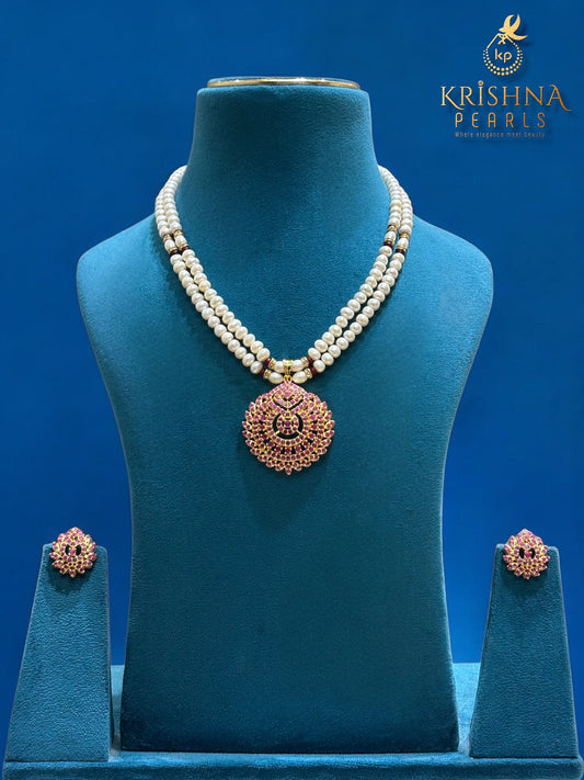Traditional Ruby Studded Pearls Necklace Set