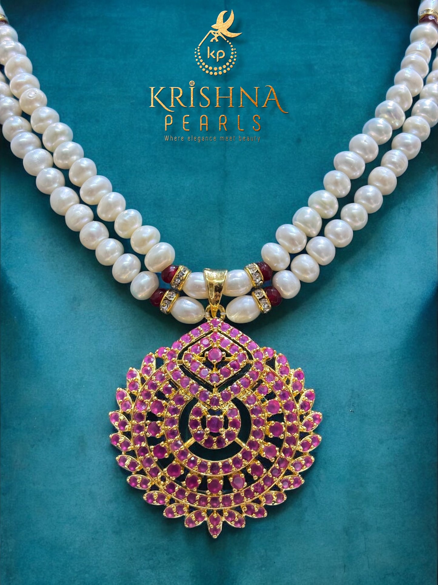 Traditional Ruby Studded Pearls Necklace Set