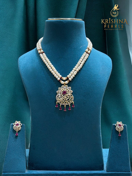 Classic Double Line Ruby Studded Pearls Necklace Set