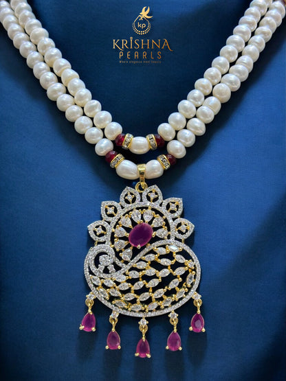 Classic Double Line Ruby Studded Pearls Necklace Set