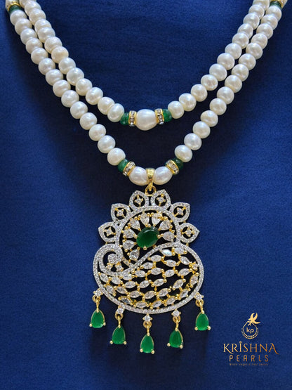 Beautiful Emerals Studded Two Layers Pearls Necklace Set