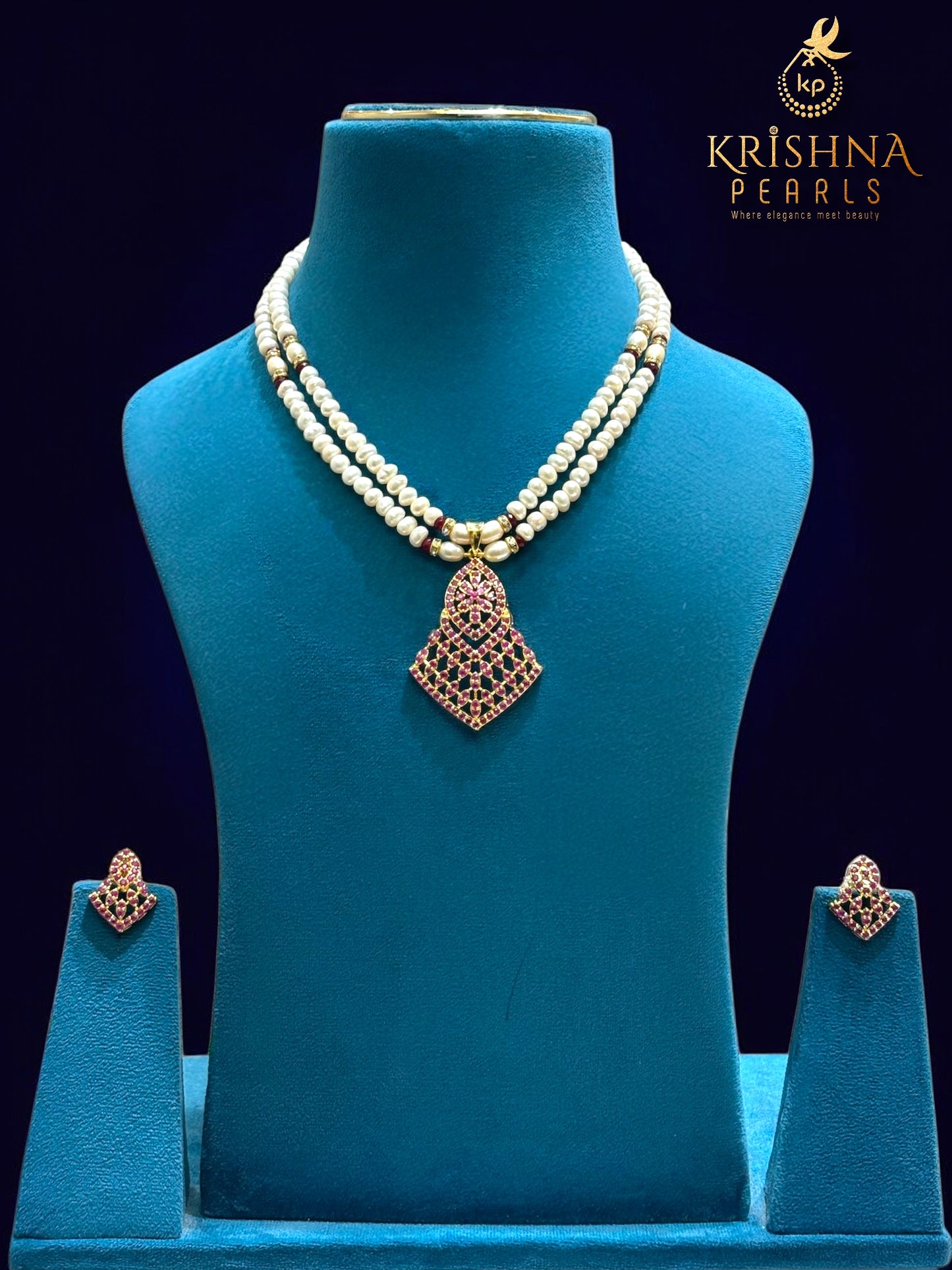 Traditional Rubies Studded Two Layers Pearls Necklace Set